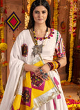 White Viscose Cotton Chaniya Choli with Thread Embroidery, Mirror Work, and Dupatta – Navratri Dress for Women 2025