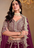 Elegant Wine Mirror Work Art Silk Bridesmaid Lehenga
