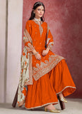 Elegant Orange Chinon Silk Ceremonial Palazzo Salwar Suit with Taby Silk Dupatta
