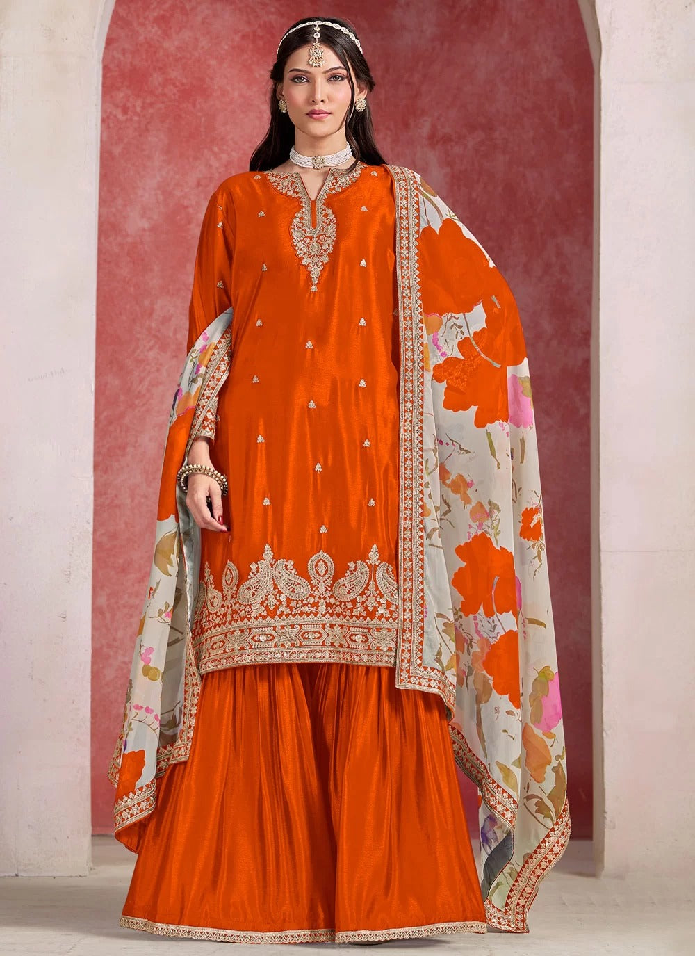 Elegant Orange Chinon Silk Ceremonial Palazzo Salwar Suit with Taby Silk Dupatta