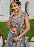 Alluring grey tissue lehenga choli with embroidery and dupatta