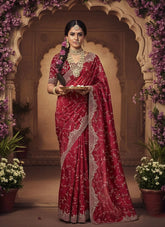 Captivating red Karwa Chauth special saree with stone embellishment