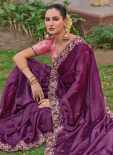 Fancy purple organza silk saree with cut work and butti detailing