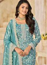 Firozi Organza Crush Pakistani Salwar Kameez Plus Size Festive Wear