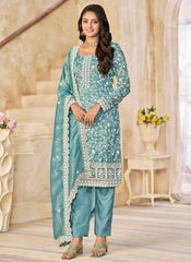 Firozi Pakistani Salwar Kameez Plus Size Festive Organza Dress
