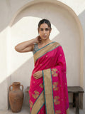 elegant pink paithani saree with contrast peacock panel border