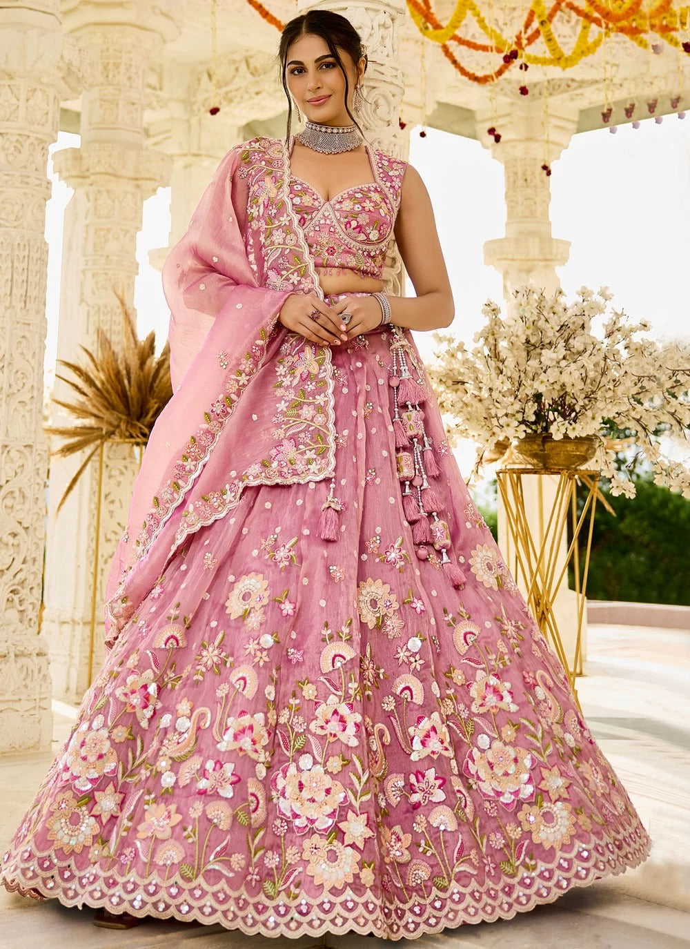 Pink organza wedding lehenga choli with sequins embroidery and dupatta – Gunj Fashion
