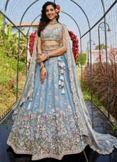Gorgeous Blue Net Bridal Ghagra with Sequins & Moti Embroidery Work