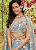 Blue net lehenga with embroidery