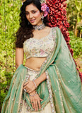 Green and Cream Tissue Embroidered Lehenga Choli with Dupatta for Indian Weddings