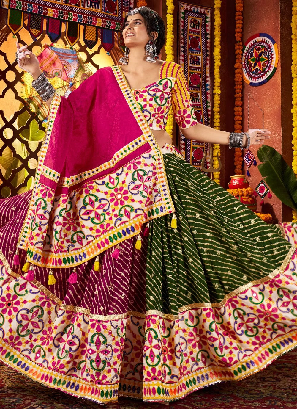 Multicolor Navratri mirror-work lehenga choli set