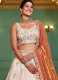 Gorgeous Orange Tissue Embroidered Sangeet Wear Lehenga Choli with Designer Dupatta