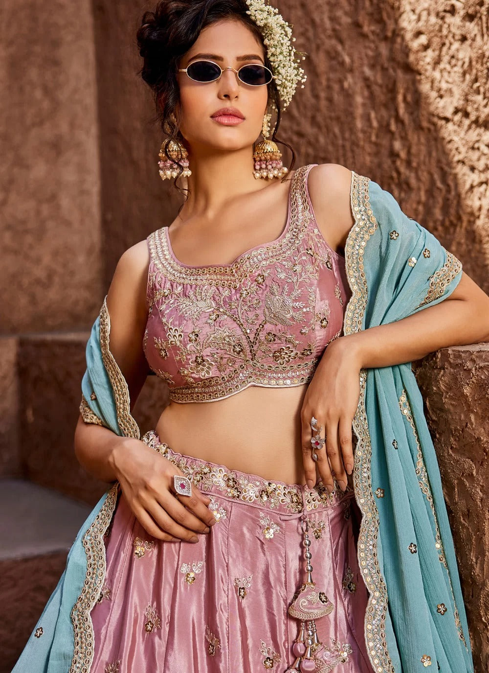 Gorgeous Pink Satin Traditional Party Wear Lehenga for Women