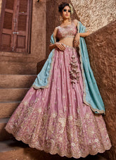Gorgeous Pink Sequin Embroidered Satin Traditional Party Wear Lehenga Choli with Turquoise Dupatta