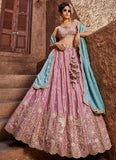 Gorgeous Pink Sequin Embroidered Satin Traditional Party Wear Lehenga Choli with Turquoise Dupatta