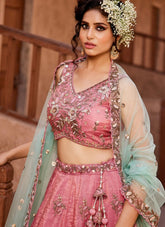 Gorgeous Pink Tissue Embroidered Wedding Lehenga Choli with Heavy Net Dupatta