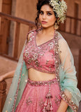 Gorgeous Pink Tissue Embroidered Wedding Lehenga Choli with Heavy Net Dupatta