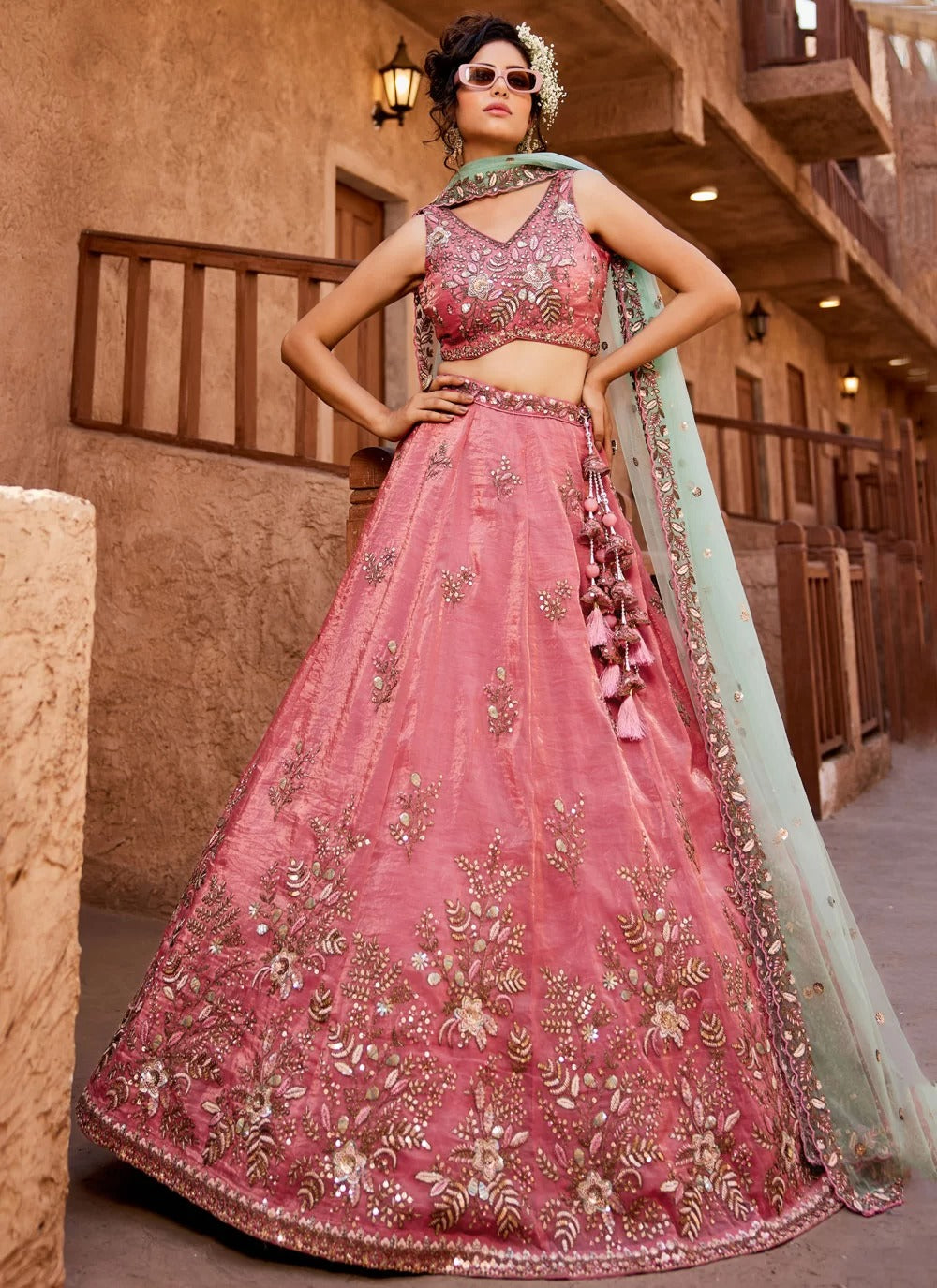 Pink Tissue Lehenga Choli with Heavy Embroidery and Net Dupatta – Reception Wear