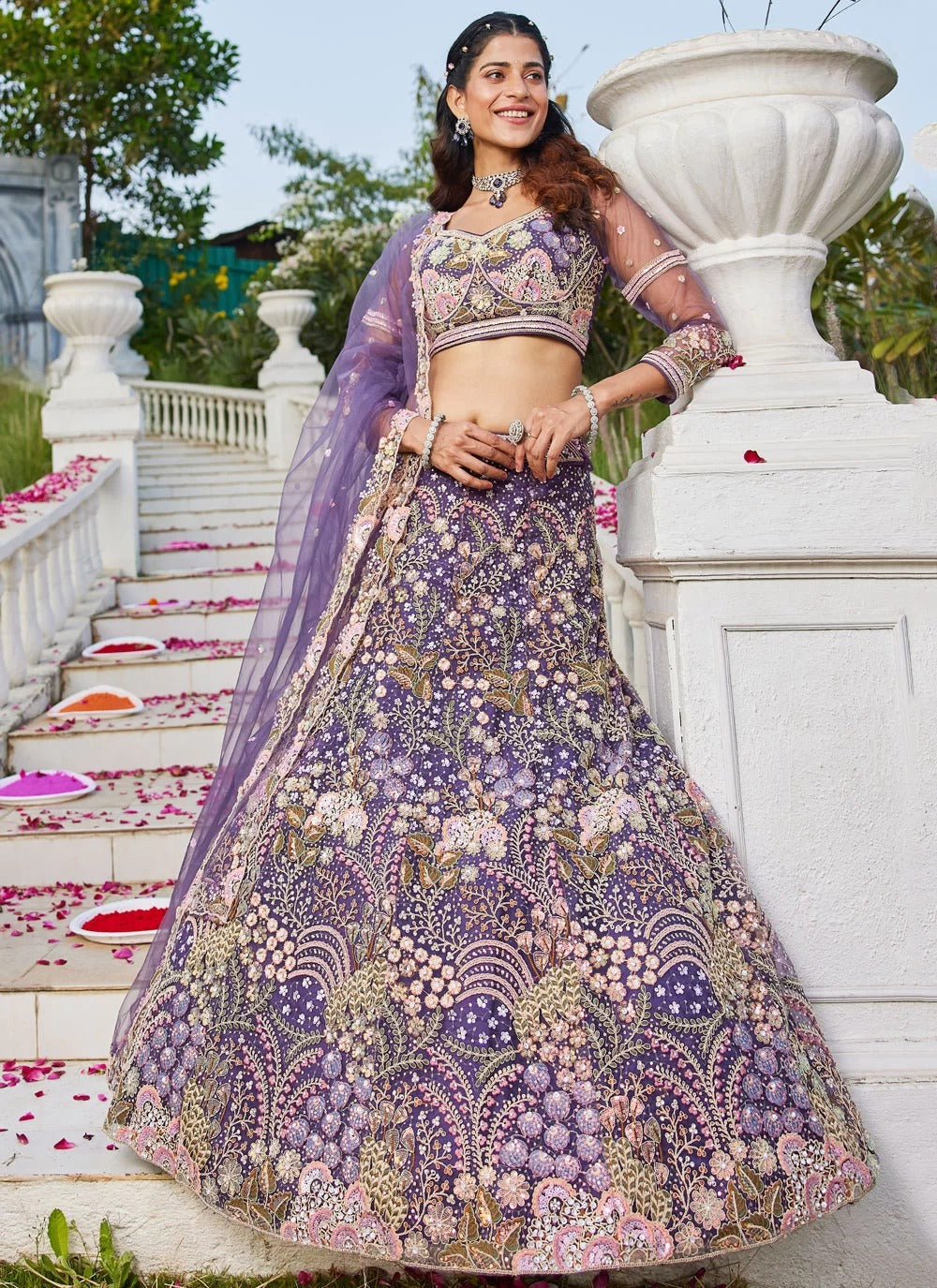 Gorgeous Purple Sequins Embroidered Net Lehenga Choli With Dupatta – Semi Stitched Sangeet Wear