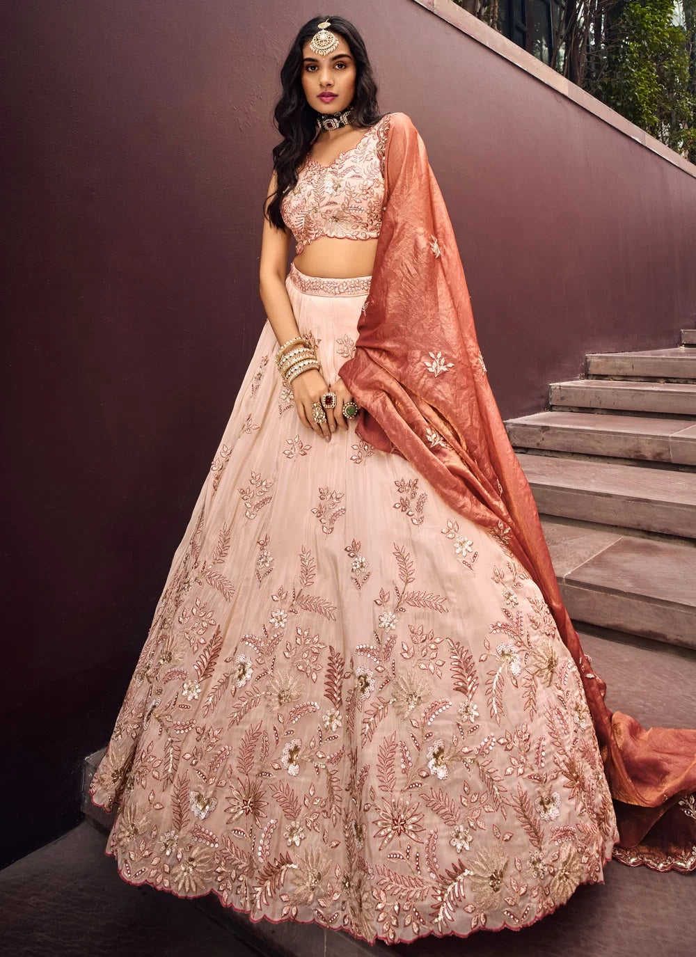 Gorgeous Rosegold Sequins Work Viscose Rayon Sangeet Wear Lehenga Choli