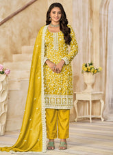 Gorgeous Yellow Organza Gold Crush Top Bottom Dupatta Set For Festive Wear