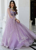 Gorgeous Lavender Embroidered Organza Net Sangeet Lehenga Choli with Dupatta