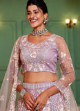 Mauve Tissue Lehenga Choli with Sequins & Thread Work – Wedding Wear with Embroidered Dupatta