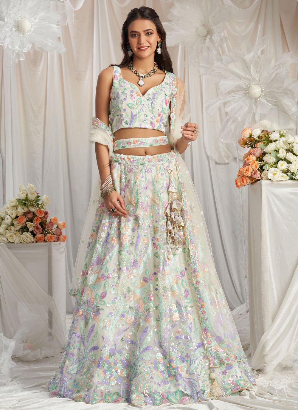 Graceful Cream Net Wedding Lehenga for Bride's Sister