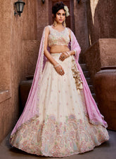 Graceful Cream Sequins & Thread Embroidered Georgette Party Wear Lehenga Choli With Dupatta