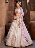 Thread embroidered cream lehenga set