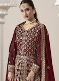 Maroon Embroidered Abaya Style Suit in Faux Georgette with Dupatta
