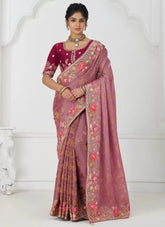 Graceful Pink Embroidered Dola Silk Saree for Wedding Wear