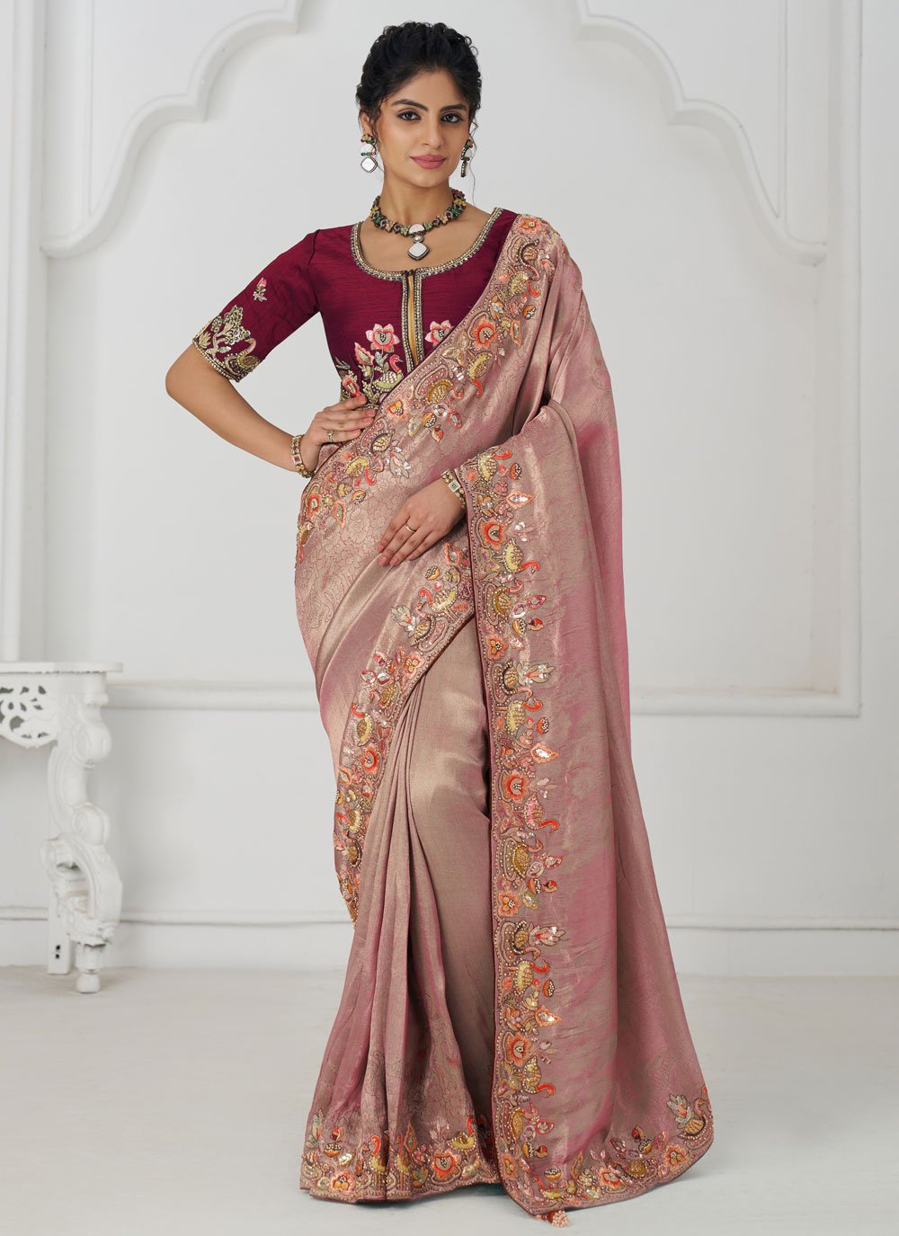 Graceful Pink Embroidered Dola Silk Saree with Blouse Piece