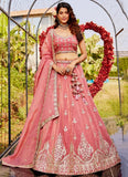 Graceful Pink Sequins & Moti Embroidered Organza Mehendi Lehenga Choli With Dupatta