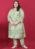 Green Plus Size Trendy Kurti Pant Set in Premium Vertical Print