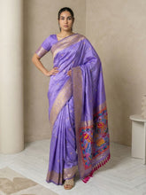 lavender soft silk saree with gold zari floral motifs and contrast meenakari pallu