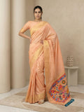 peach soft silk saree with gold zari floral motifs and contrast meenakari pallu