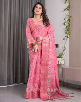 Handloom Linen Saree | Rose Pink Bandhani Print Linen Saree