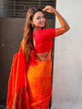 Orange Zari Woven Bandhani Paithani Fusion Silk Saree