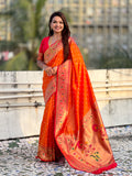 Orange Zari Woven Bandhani Paithani Fusion Silk Saree