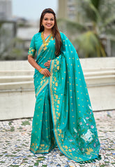 Aqua Blue Zari Woven Pichwai Silk Saree