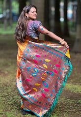 Orange Contrast Zari Woven Chandrakor Swan Yeola Paithani Silk Saree