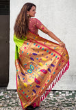 Parrot Green Contrast Zari Woven Chandrakor Swan Yeola Paithani Silk Saree