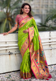 Parrot Green Contrast Zari Woven Chandrakor Swan Yeola Paithani Silk Saree