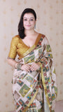 Gold Tussar Silk Bold Kalamkari Figure Printed Saree with Zari Woven Border