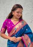 Blue Contrast Zari Woven Chandrakor Swan Yeola Paithani Silk Saree