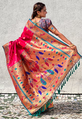 Pink Contrast Zari Woven Chandrakor Swan Yeola Paithani Silk Saree