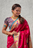 Pink Contrast Zari Woven Chandrakor Swan Yeola Paithani Silk Saree