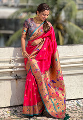 Pink Contrast Zari Woven Chandrakor Swan Yeola Paithani Silk Saree