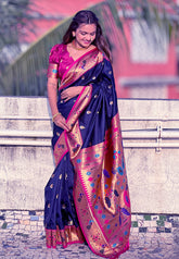 Navy Blue Contrast Zari Woven Chandrakor Swan Yeola Paithani Silk Saree